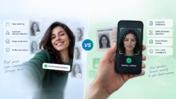 Profile verification vs identity verification comparison showing face matching, duplicate account detection and image moderation alongside document verification, selfie and liveness checks, personal data checks, and KYC/AML compliance.